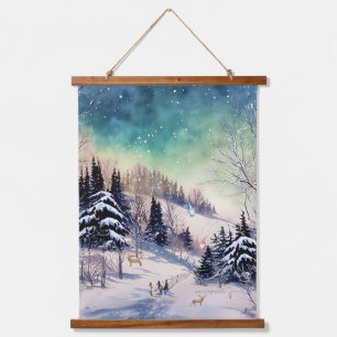 Winter Landschaftliche Tapisserie Gnome Skiers und Wandteppich Mit Holzrahmen