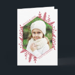 Winter-Laub-Foto-Feiertags-Gruß-Karte Feiertagskarte<br><div class="desc">Diese atemberaubende WeihnachtsFoto-Grußkarte kennzeichnet einen sechseckigen Rahmen,  um Ihr LieblingsFoto zur Schau zu stellen. Empfindliches Laub im Rot fügt Dekoration über einem weißen Hintergrund hinzu. Alle Textfelder können besonders angefertigt werden.</div>