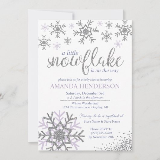 Winter Lavender Snowflake Babydusche Einladung (Vorderseite)