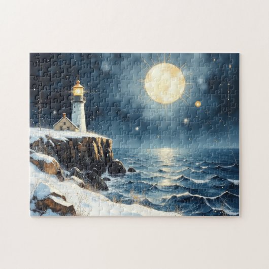 Winter-Leuchtturm bemalt Puzzle (Horizontal)