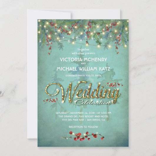 Winter-Lichterkette für Zweige Hochzeitskarte Einladung (Vorderseite)