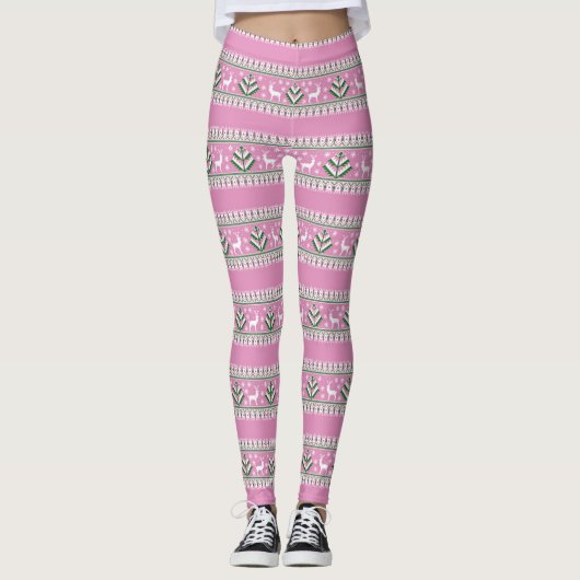 Winter Light Pink und White Christmas Fair Isle Leggings (Vorderseite)