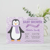 Winter Lila Pinguin Girl Babydusche Einladung (Stehend Vorderseite)