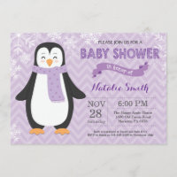 Winter Lila Pinguin Girl Babydusche Einladung