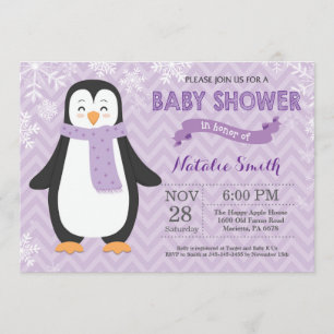 Winter Lila Pinguin Girl Babydusche Einladung