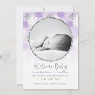 Winter Lila & Silver Snowflake Baby Birth Announ Ankündigung