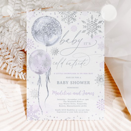 Winter Lila & Silver Snowflake Babydusche Einladung