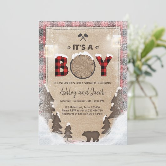 Winter Lumberjack Baby Dusche Rustikaler Junge Kar Einladung (Stehend Vorderseite)