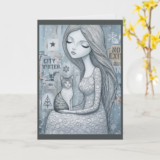 Winter-Mädchen-Katz-Fantasy-Prinzessin-Weihnachtsk Karte (Gelbe Blume)