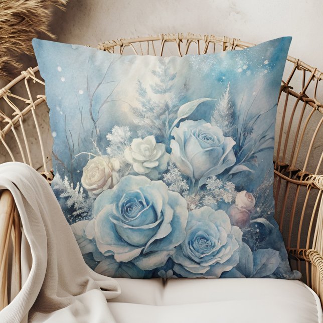 Winter Magic Blue Rose Floral Pillow Kissen (Winter Magic Blue Rose Floral Pillow in a boho rattan armchair.)