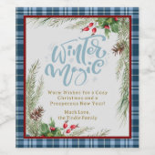 "Winter Magic" Trendy Blue Gingham Holly Weihnacht Weinetikett (Einzelnes Label)