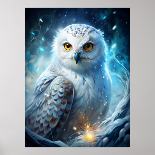 Winter-Magie-Schneeeule – Mystischer blauer Wald Poster (Vorne)