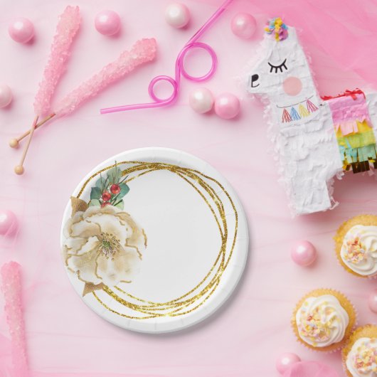 Winter Magnolien mit Goldenem Glitzer Kranz Pappteller (Party)