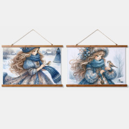 Winter Maiden in Blue Snowy Landschaft Wandteppich Mit Holzrahmen