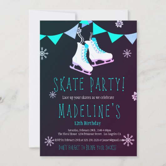 Winter-Märchenland-Eis-Skate-Mädchen-Tafel-Party Einladung (Vorderseite)