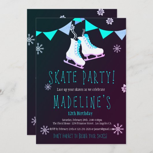Winter-Märchenland-Eis-Skate-Mädchen-Tafel-Party Einladung (Vorne/Hinten)