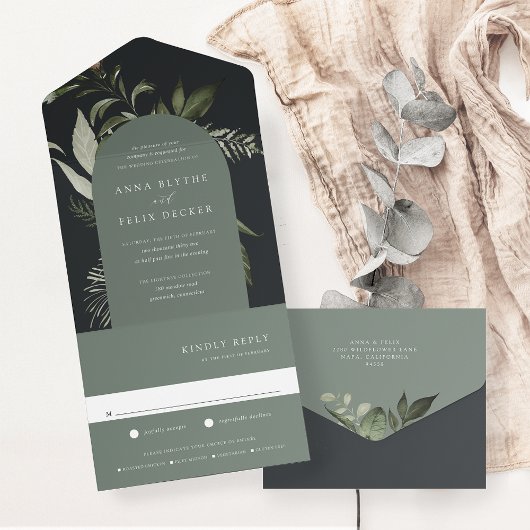 Winter Meadow Green Botanical Arch Wedding All In One Einladung