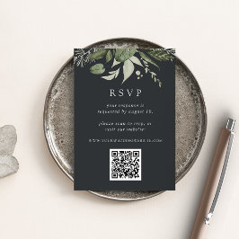Winter Meadow Green Botanical QR Code Wedding RSVP Begleitkarte