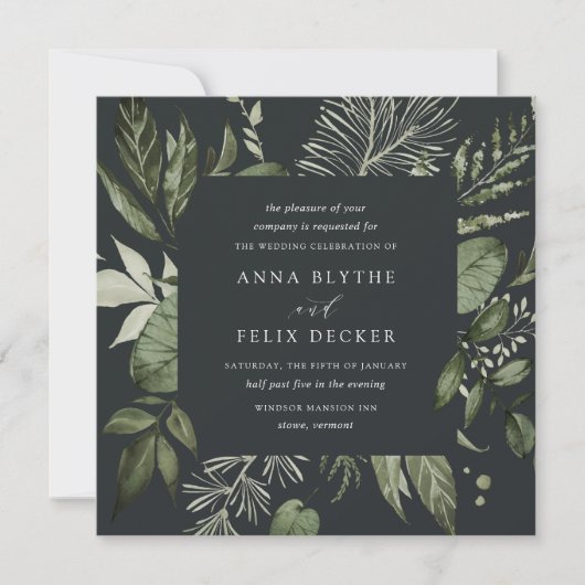 Winter Meadow Square Grüne botanische Rahmen Hochz Einladung (Vorderseite)