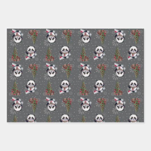 Winter Modern Fun Panda Rosa Grau Weihnachten Geschenkpapier Set (Vorderseite)