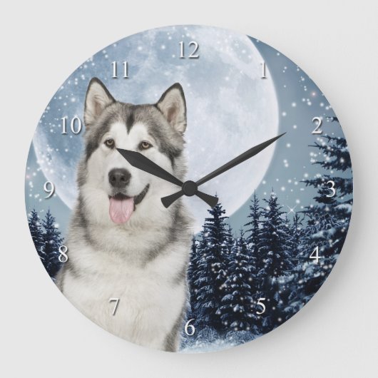 Winter-Mond-Schlittenhund-Uhr Große Wanduhr (Vorderseite)