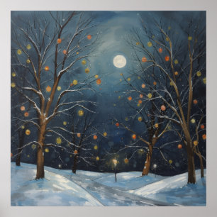 Winter Mondlicht Bäume Lichter Poster