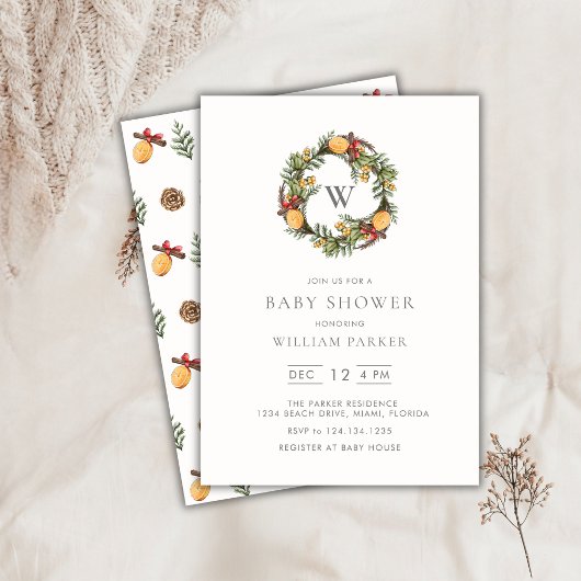 Winter Monogram Wreath Baby Shower Einladung