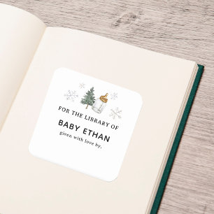 Winter Mountain Baby Shower Book Library Quadratischer Aufkleber