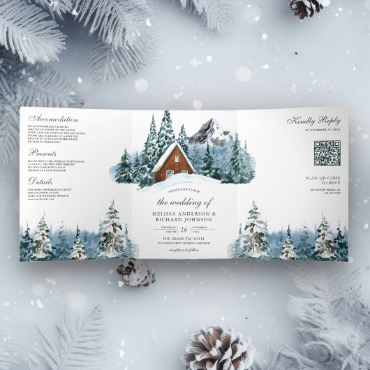 Winter Mountain Forest Cabin Lodge QR Code Hochzei Dreifach Gefaltete Einladung