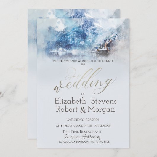 Winter Mountain Lake Snow Wedding Einladung (Vorne/Hinten)