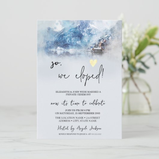 Winter Mountain Lake Wedding Elopement Einladung (Stehend Vorderseite)