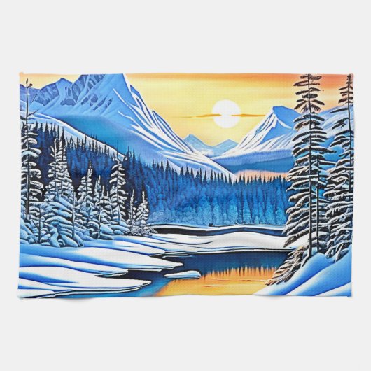Winter Mountain Sunset Glow Geschirrtuch (Horizontal)