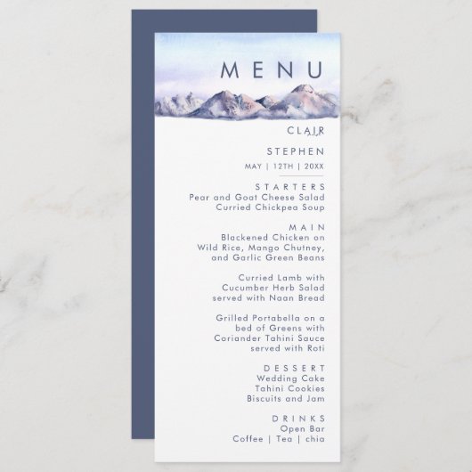 Winter Mountain Sunset Wedding Dinner Menü Menükarte (Vorne/Hinten)