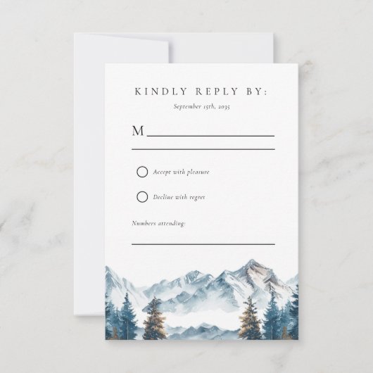 Winter Mountains Pine Tree Hochzeit RSVP Karte (Vorderseite)