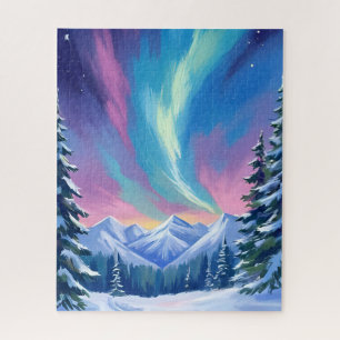 Winter-Nacht-Nordlichter-Aquarell-Berg Puzzle