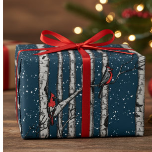 Winter Navy Blau Kardinalvögel Schnee Birken Bäume Geschenkpapier