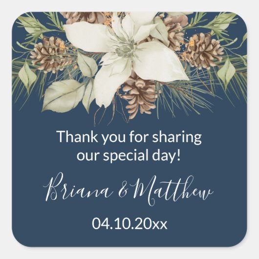 Winter Navy Blue Elegante Script-Gastgeschenk Hoch Quadratischer Aufkleber (Vorderseite)