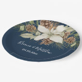 Winter Navy Blue Elegante Script Hochzeit Pappteller (Schrägansicht)