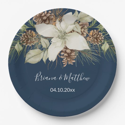 Winter Navy Blue Elegante Script Hochzeit Pappteller (Vorderseite)