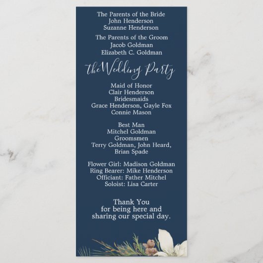 Winter Navy Blue Elegante Script Hochzeit Programm (Rückseite)