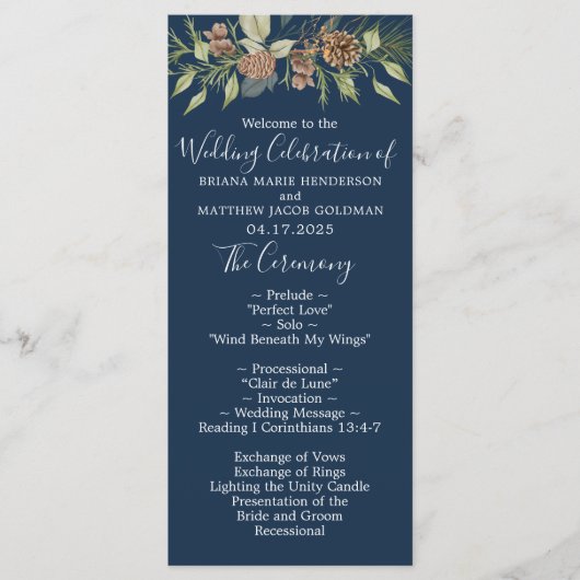 Winter Navy Blue Elegante Script Hochzeit Programm (Vorderseite)