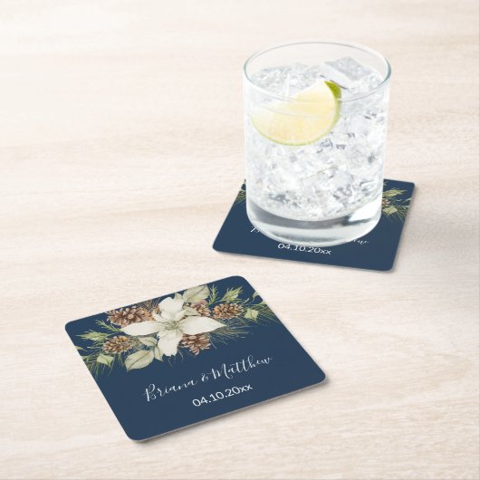 Winter Navy Blue Elegante Script Hochzeit Rechteckiger Pappuntersetzer (Vor Ort)