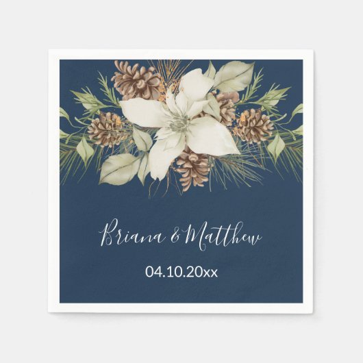 Winter Navy Blue Elegante Script Hochzeit Serviette (Vorderseite)