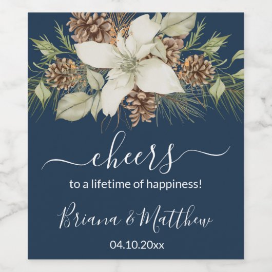 Winter Navy Blue Elegante Script Hochzeit Weinetikett (Einzelnes Label)