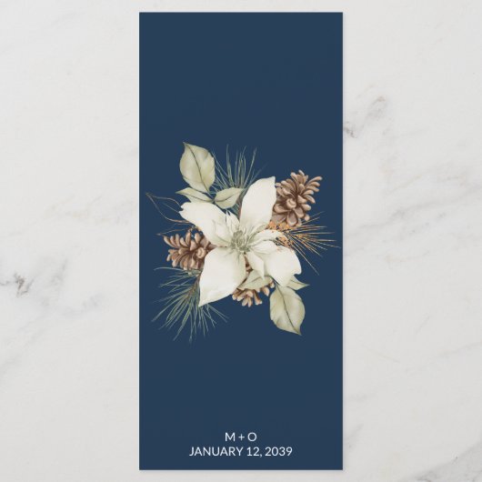 Winter Navy Blue Elegante Script Wedding Menu Menükarte (Rückseite)