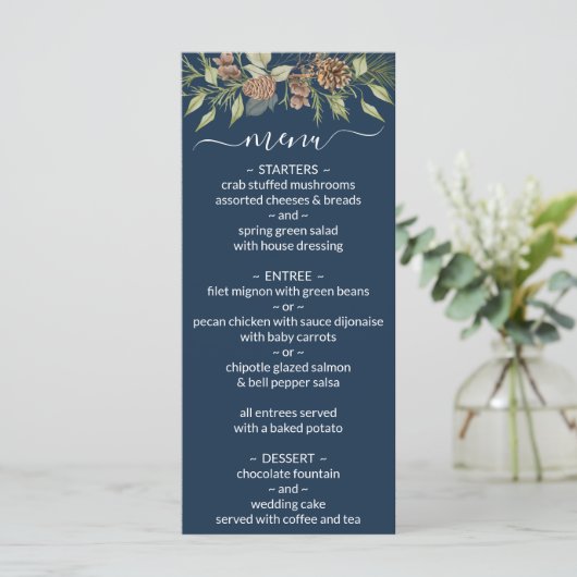 Winter Navy Blue Elegante Script Wedding Menu Menükarte (Stehend Vorderseite)