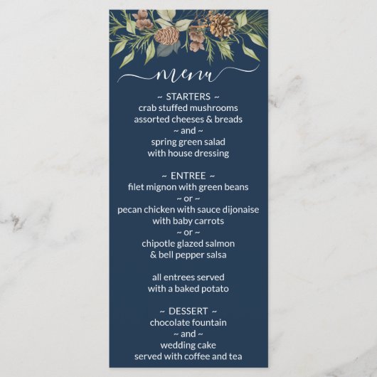 Winter Navy Blue Elegante Script Wedding Menu Menükarte (Vorderseite)