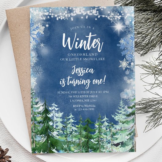 Winter Navy Snowflakes Onederland 1. Geburtstag Einladung