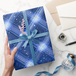 Winter Navy Weißer Schnee Eis Blau Kariertes Muste Geschenkpapier