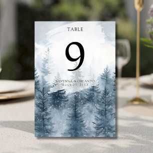 Winter-Nebel-Schnee-Kiefer-Wald-Hochzeit Tischnummer